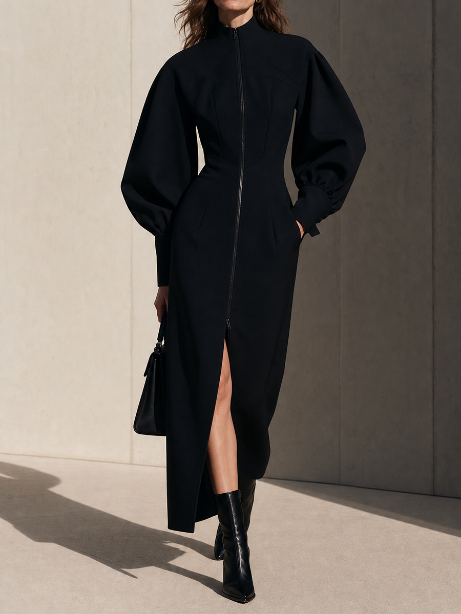 Women's Zip Front Puff Sleeve Black Maxi Dress MDZ0165I7YZJ