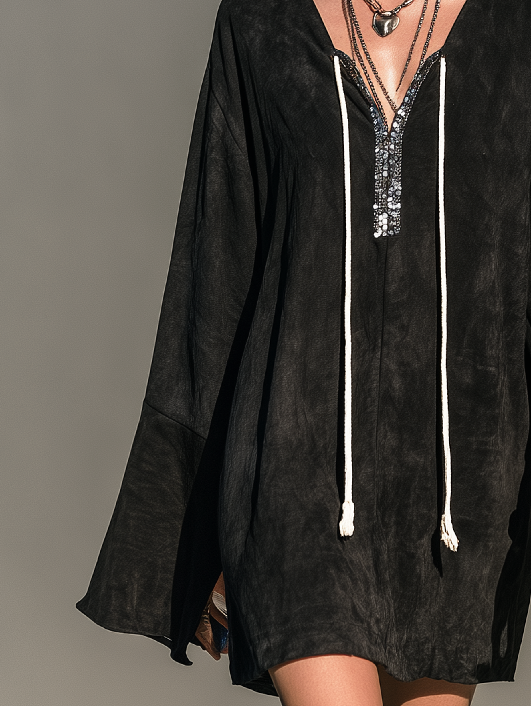 Women's Casual Black Eco-Friendly Suede And Sequin V-Neck Long-Sleeve Mini Dress MDZ0104I3LXY