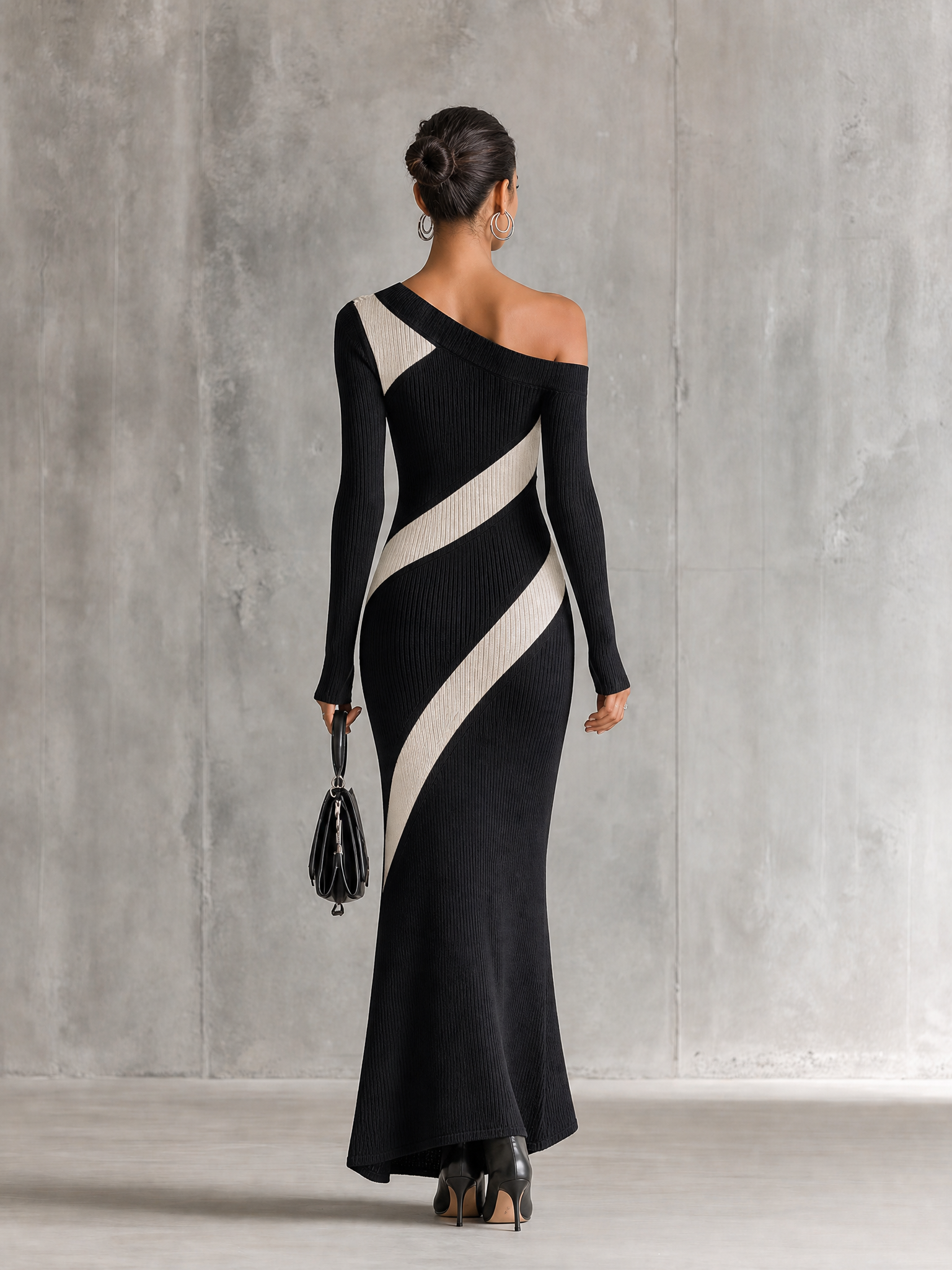 Women's Asymmetric Ribbed Black Maxi Dress MDZ0166I6YZJ