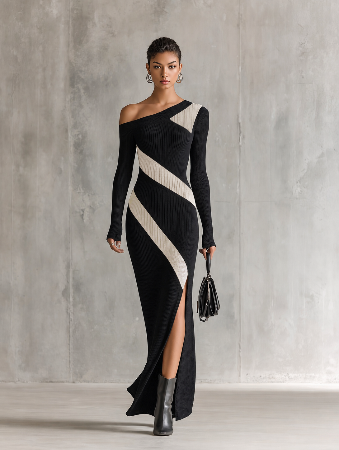 Women's Asymmetric Ribbed Black Maxi Dress MDZ0166I6YZJ