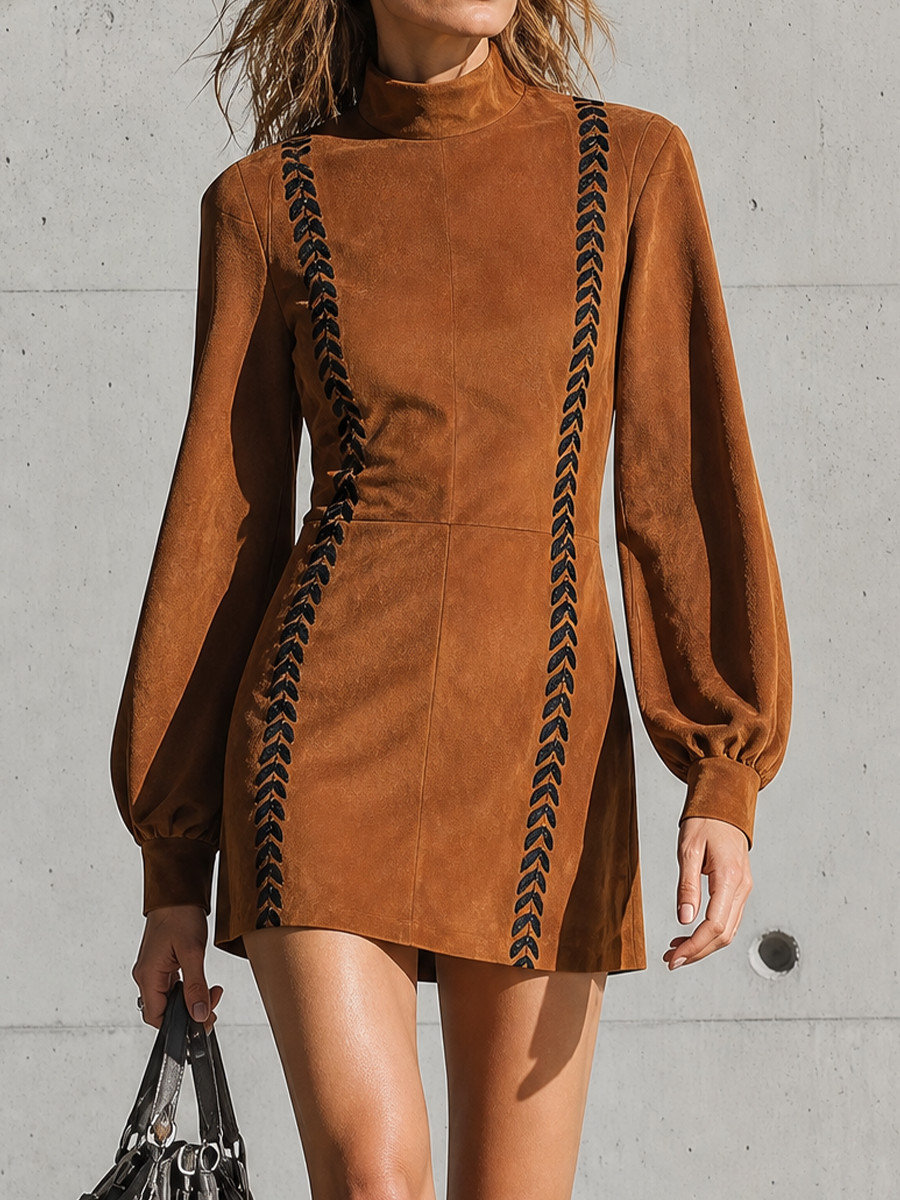 Women's Puff Sleeve Embroidery Brown Mini Dress MDZ0188I3YZJ