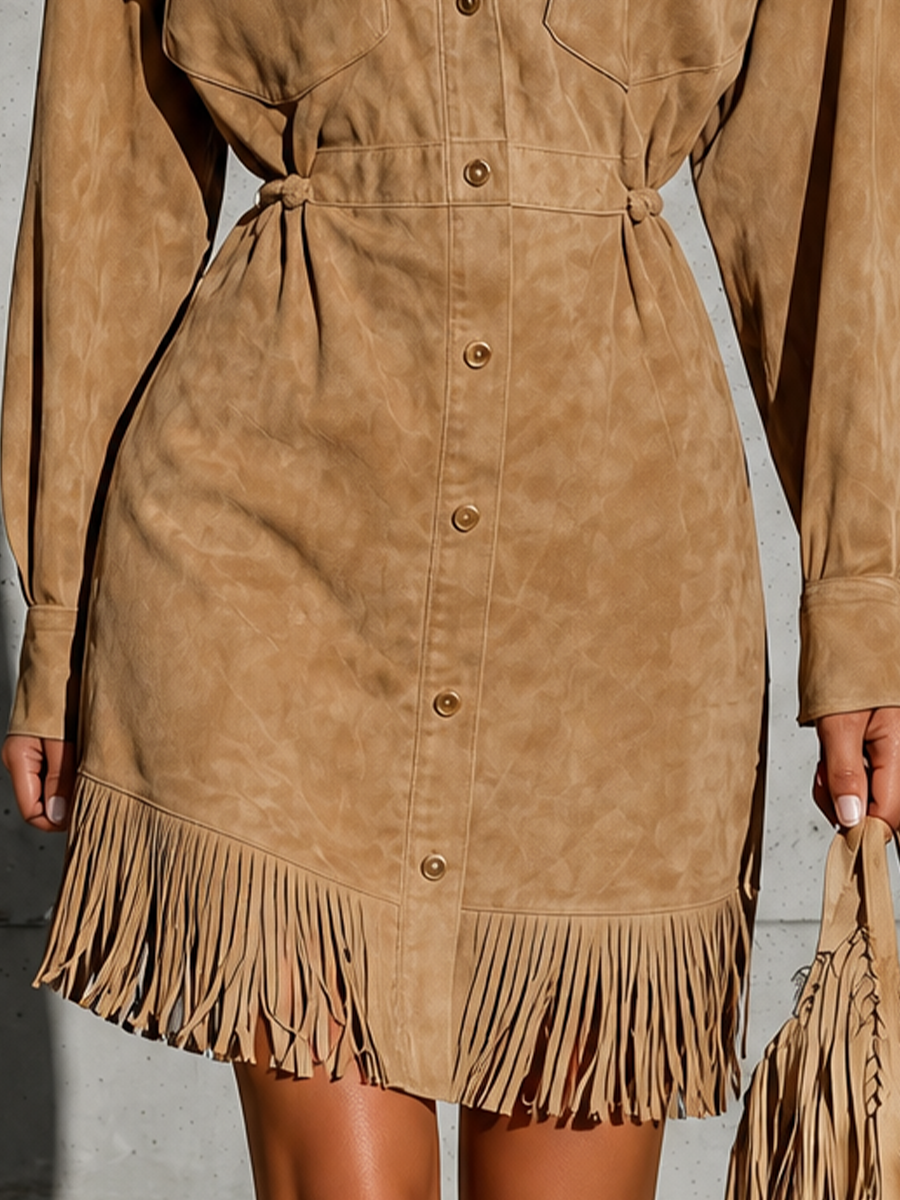 Women's Fringe Hem Tan Shirt Dress MDZ0107I4YZJ