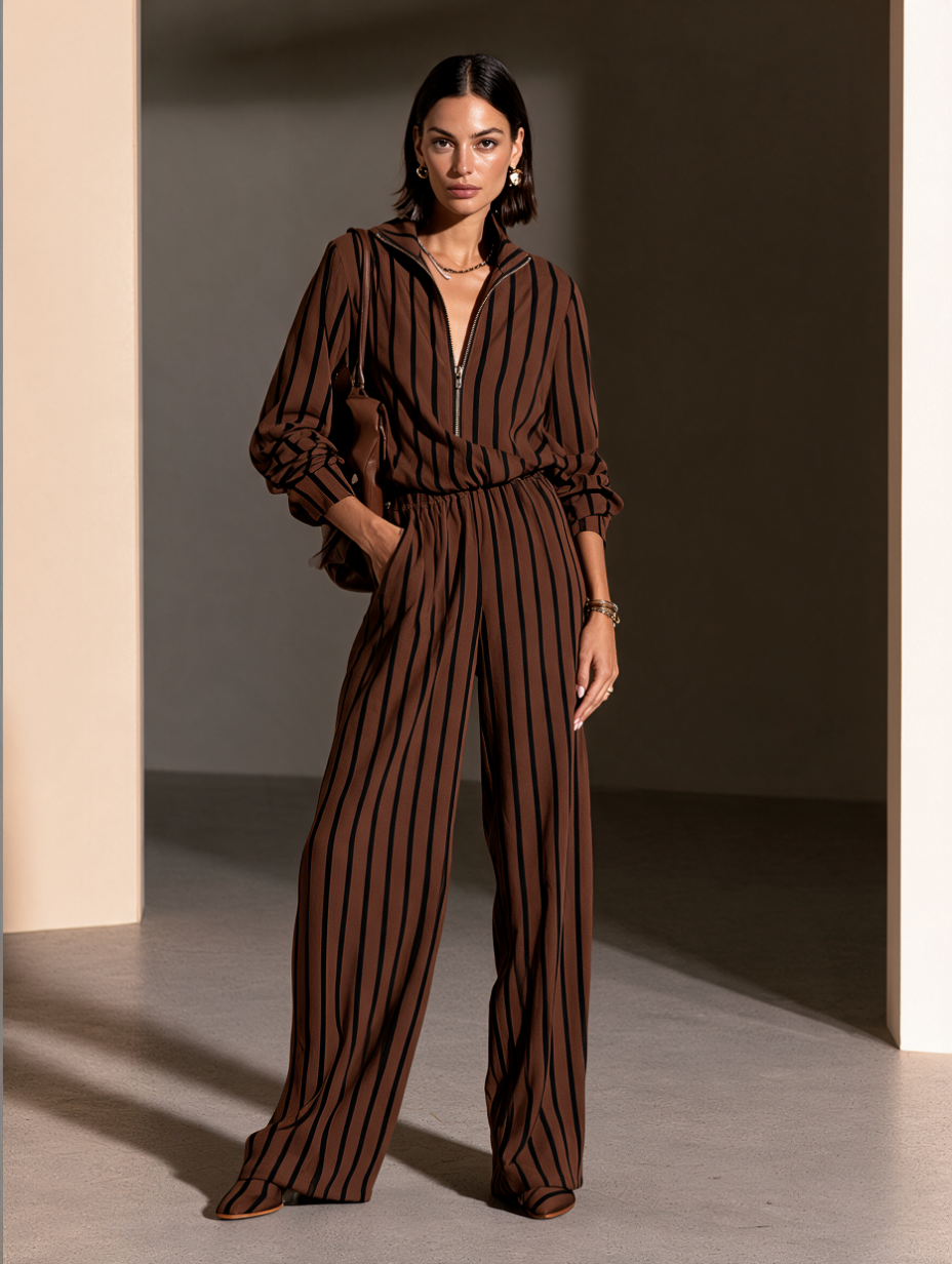 Women's Striped Half-Zip Casual Wide-Leg Pants Set MDZ0151I1GMJ
