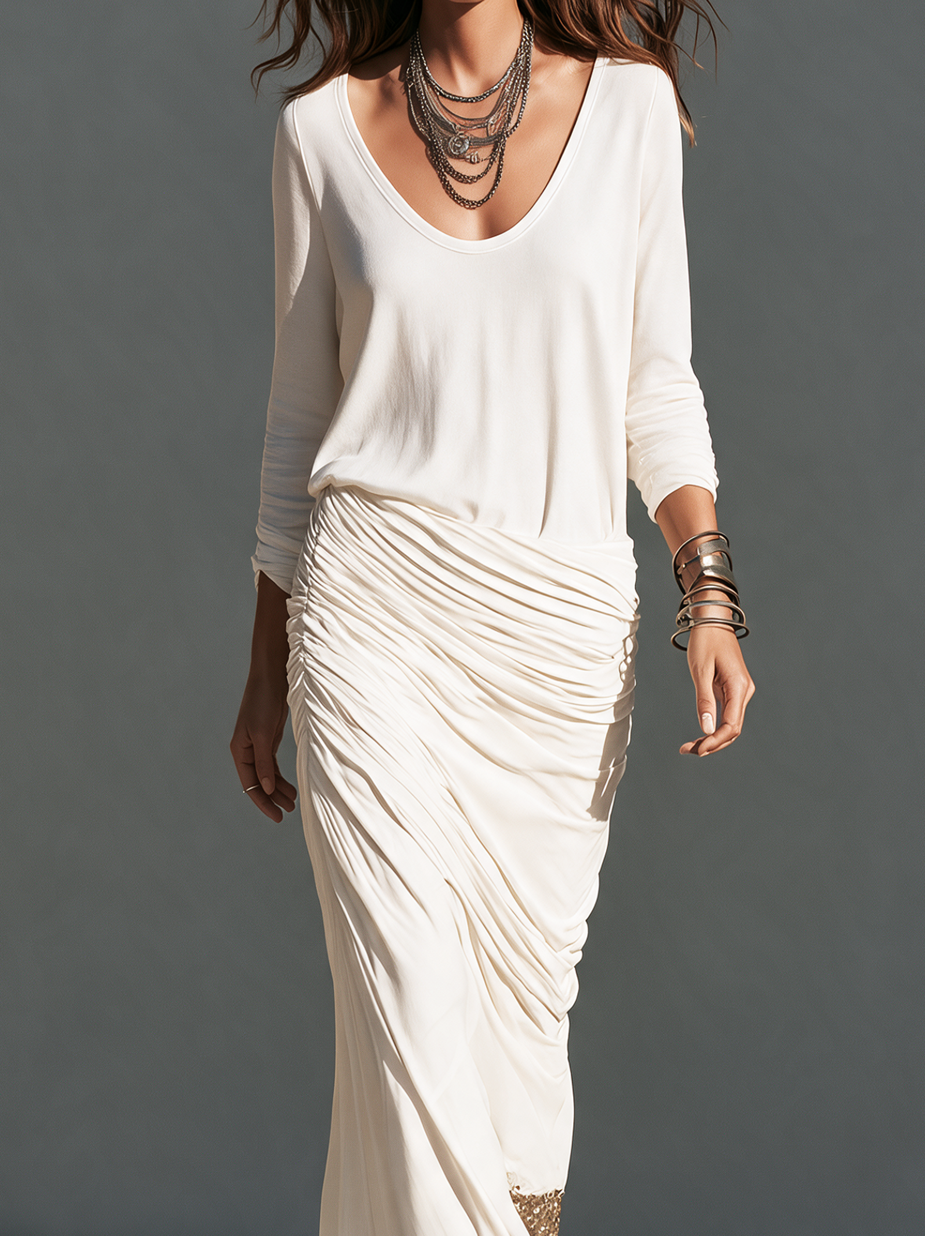 Women's Casual White Stretch-Knit Maxi Dress With Gold Sequin Long Sleeves And Spliced Detailing MDZ0107I3LXY