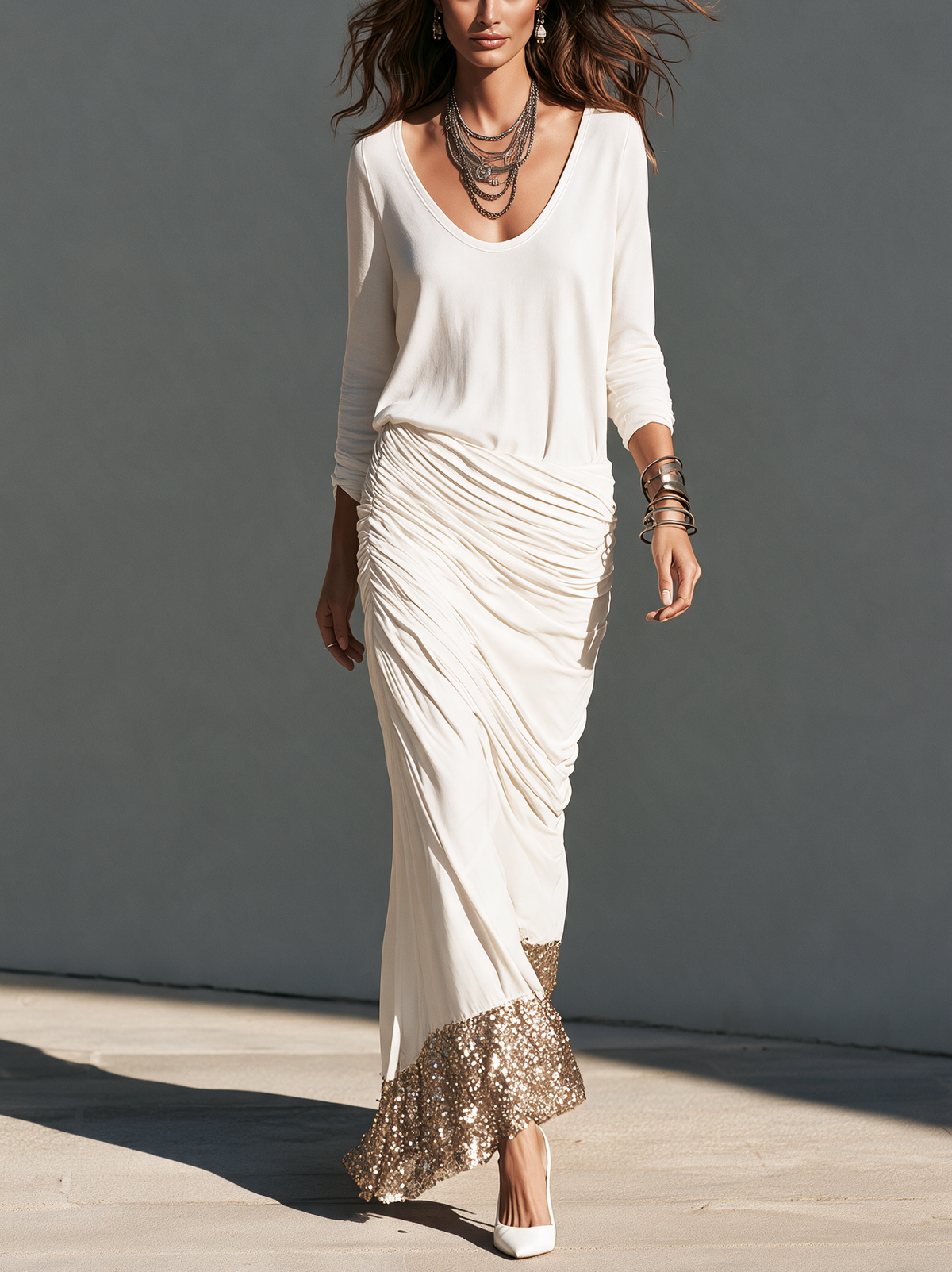 Women's Casual White Stretch-Knit Maxi Dress With Gold Sequin Long Sleeves And Spliced Detailing MDZ0107I3LXY