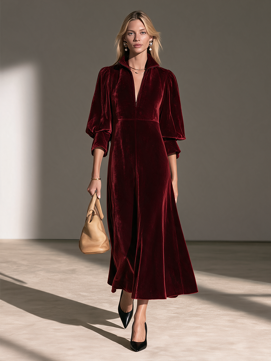 Women's Collared Half-Zip Balloon-Sleeve Belted Velvet Maxi Dress MDZ0168I7CMX