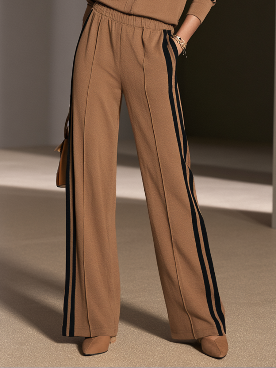 Women's Contrast Stripe Casual Stand Collar Wide-Leg Pants Set MDZ0103I7GMJ