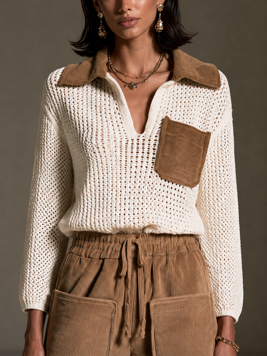 Women's Crochet Panel Casual Knit Wide-Leg Pants Set MDZ0139I3GMJ