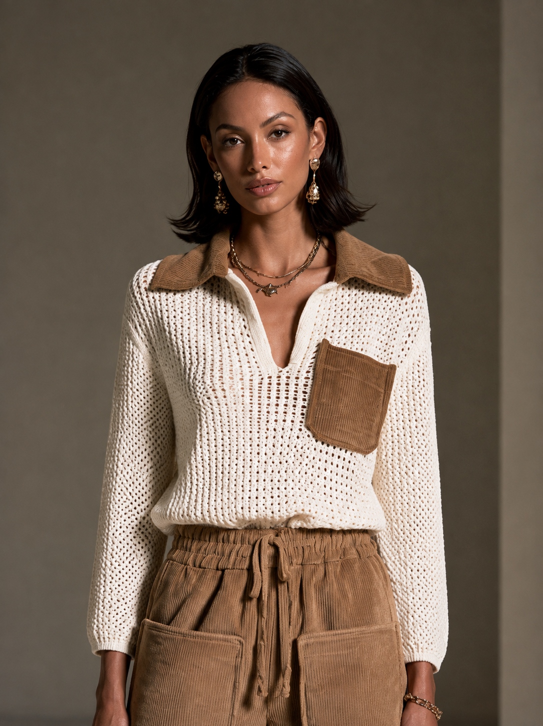 Women's Crochet Panel Casual Collared Top MDZ0119I8GMJ