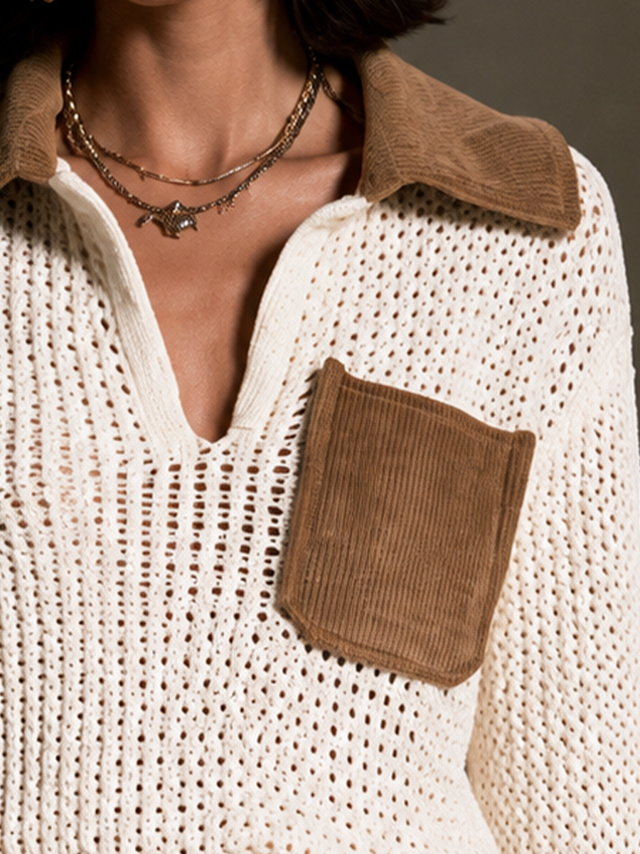 Women's Crochet Panel Casual Collared Top MDZ0119I8GMJ