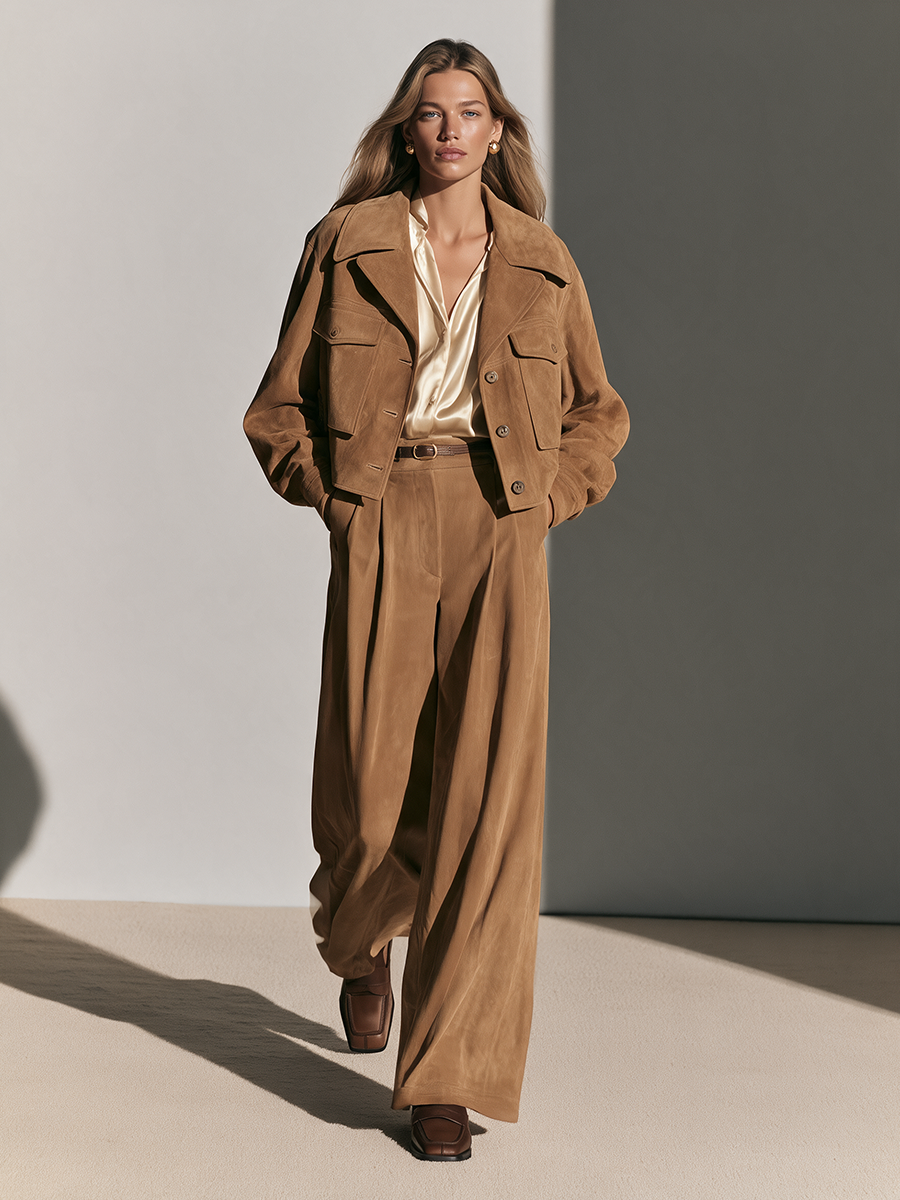 Women's Collared Single-Breasted Drop-Shoulder Long-Sleeve Cropped Jacket And High-Waisted Wide-Leg Pants Set MDZ0202I9CMX