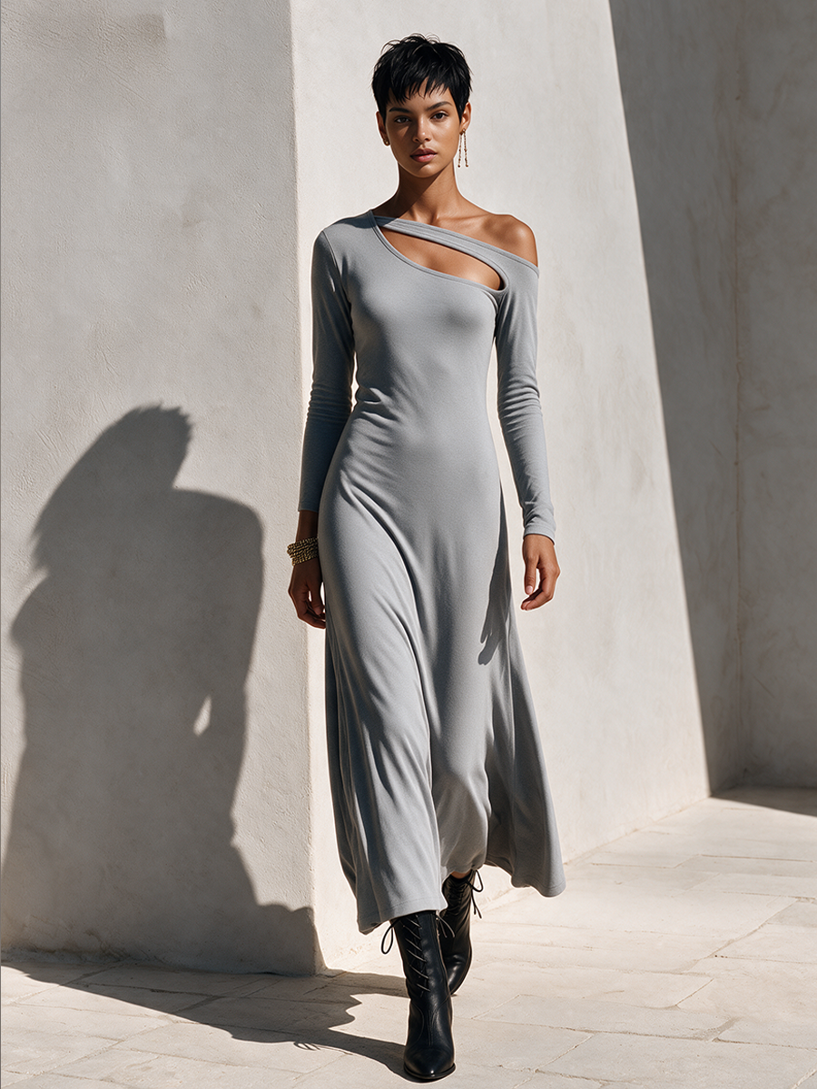 Women's Asymmetric Off-Shoulder Stretch Knit Maxi Dress MDZ0234I2ZRK