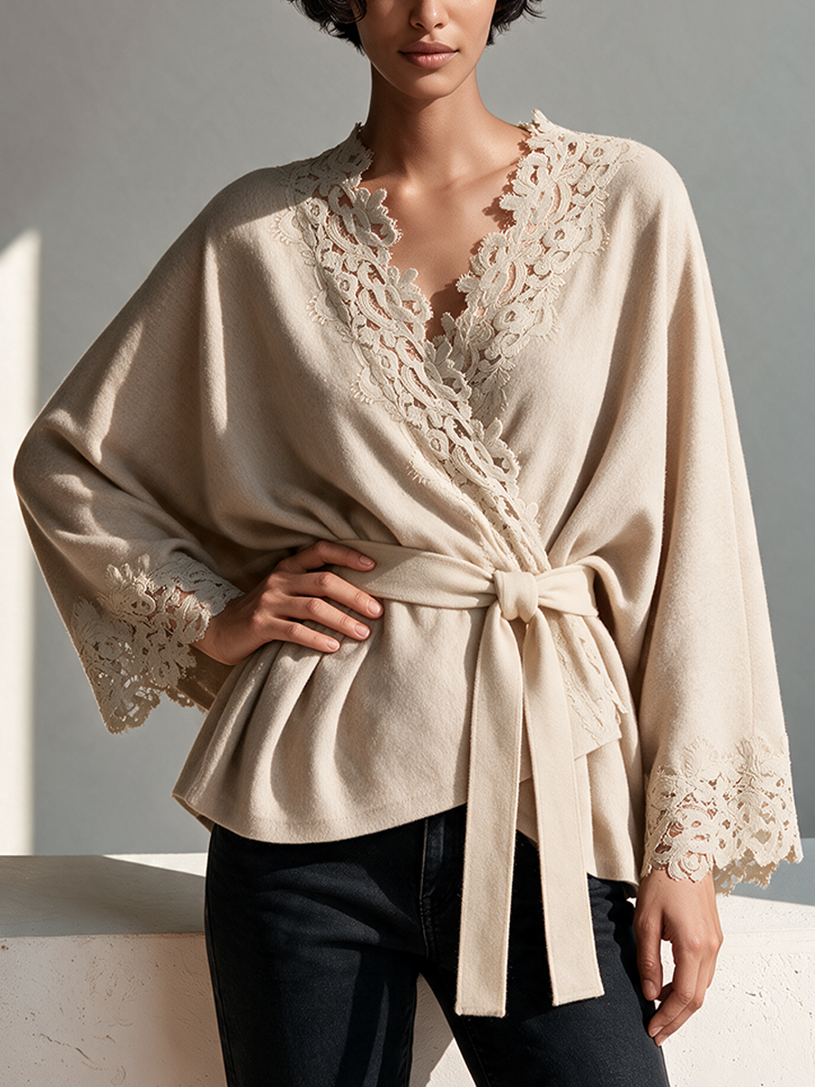 Women's Wool-Blend Wrap Coat With Lace Trim MDZ0220I1ZRK