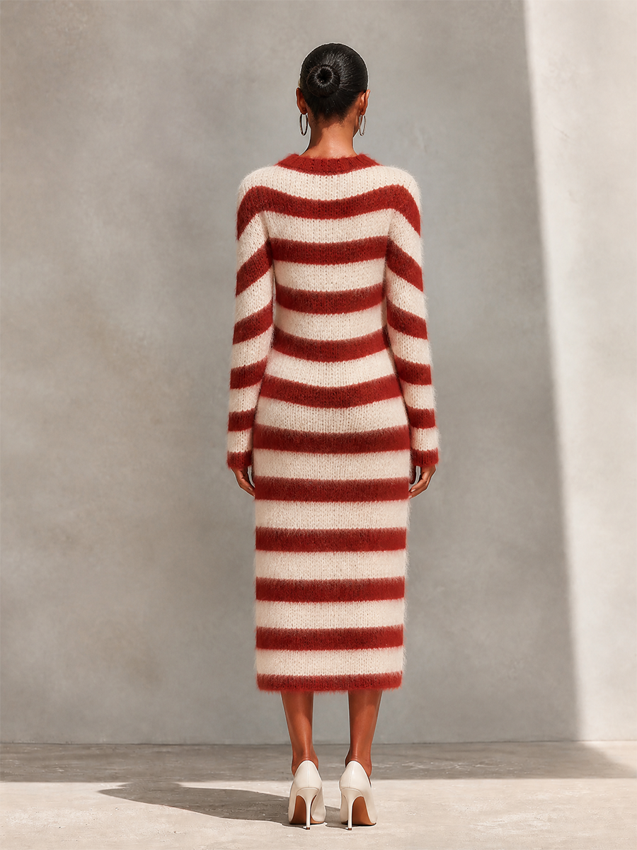 Women's Crew Neck Striped Knit Dress For Fall Daily Wear MDZ0223I7LYL