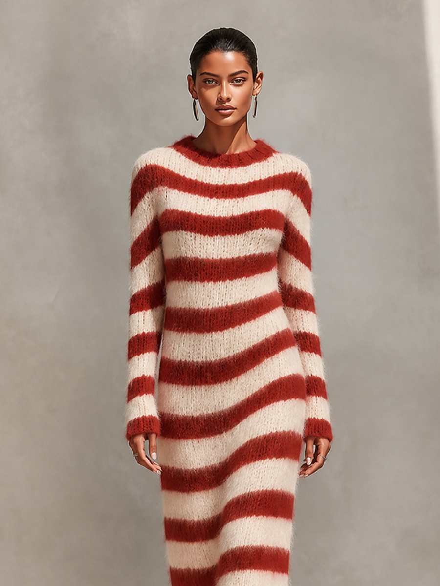 Women's Crew Neck Striped Knit Dress For Fall Daily Wear MDZ0223I7LYL