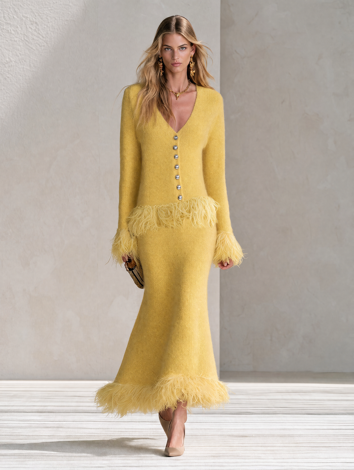 Yellow knitted skirt set with feather fringe details, styled for women, by Oyrosy Clothing, featuring retro-chic design.