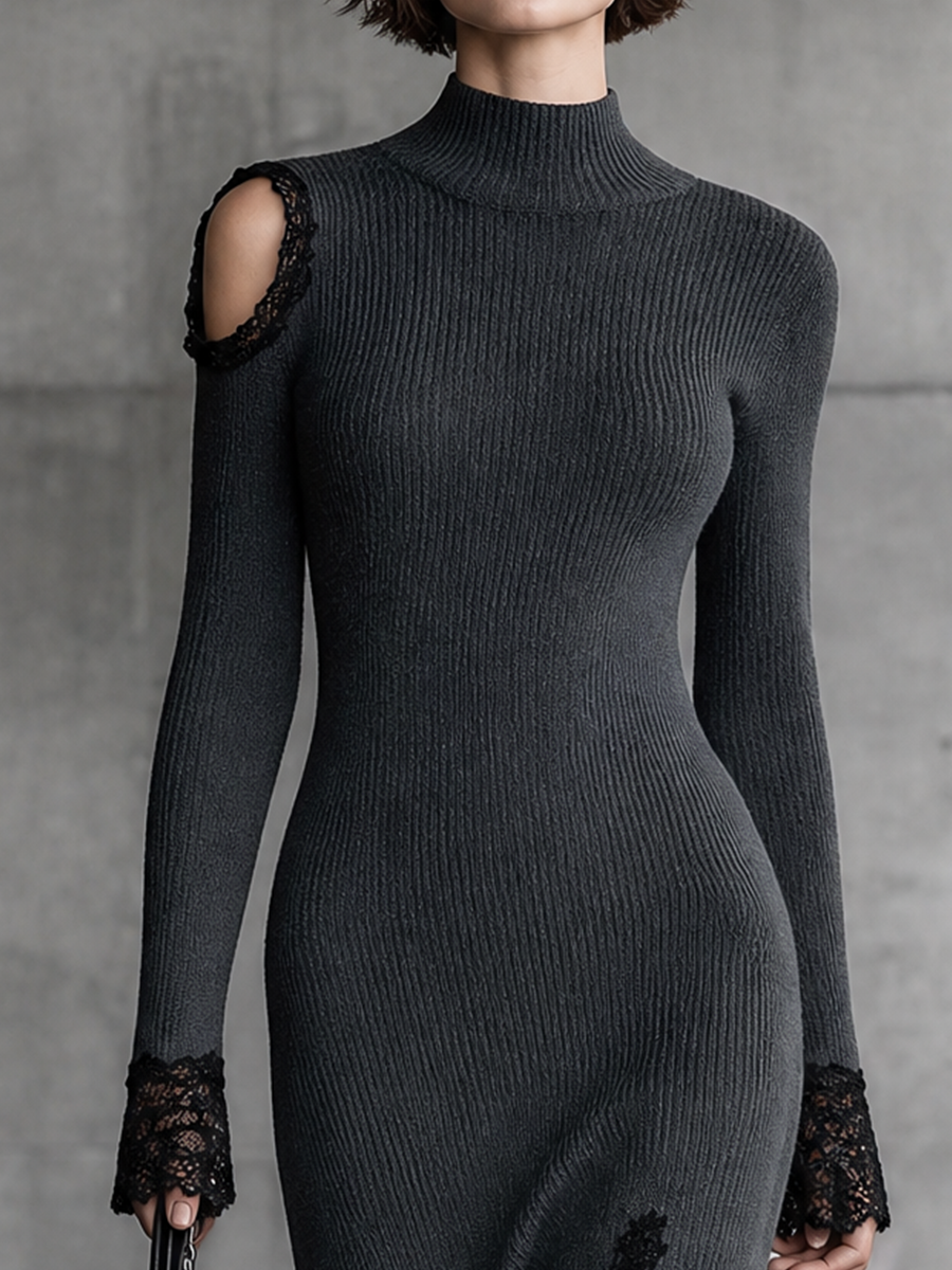 Women's Cold Shoulder Ribbed Lace Trim Black Dress MDZ0376I4YZJ