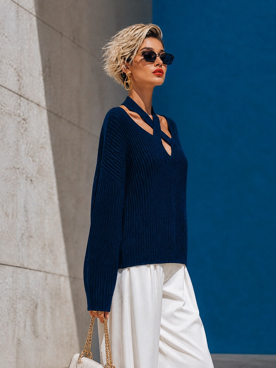 Women's Crisscross Cutout Ribbed Navy Sweater MDZ0331I0YZJ