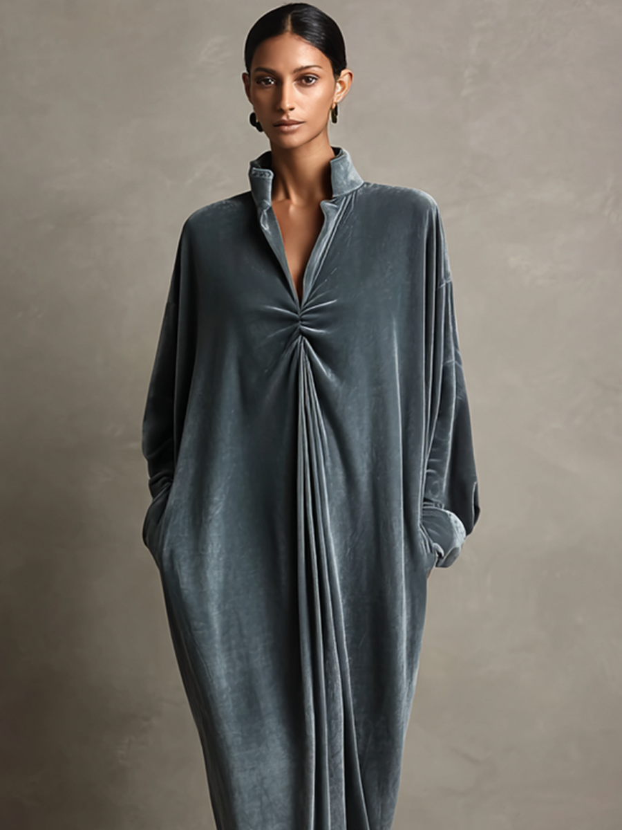 Women's Dusty Blue Stand‑Collared Twist‑Knot Oversized Velvet Maxi Dress MDZ0335I5R