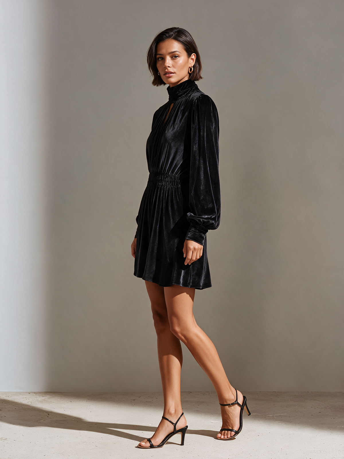 Women's Black High‑Neck Smocked Short Velvet Dress MDZ0338I3R