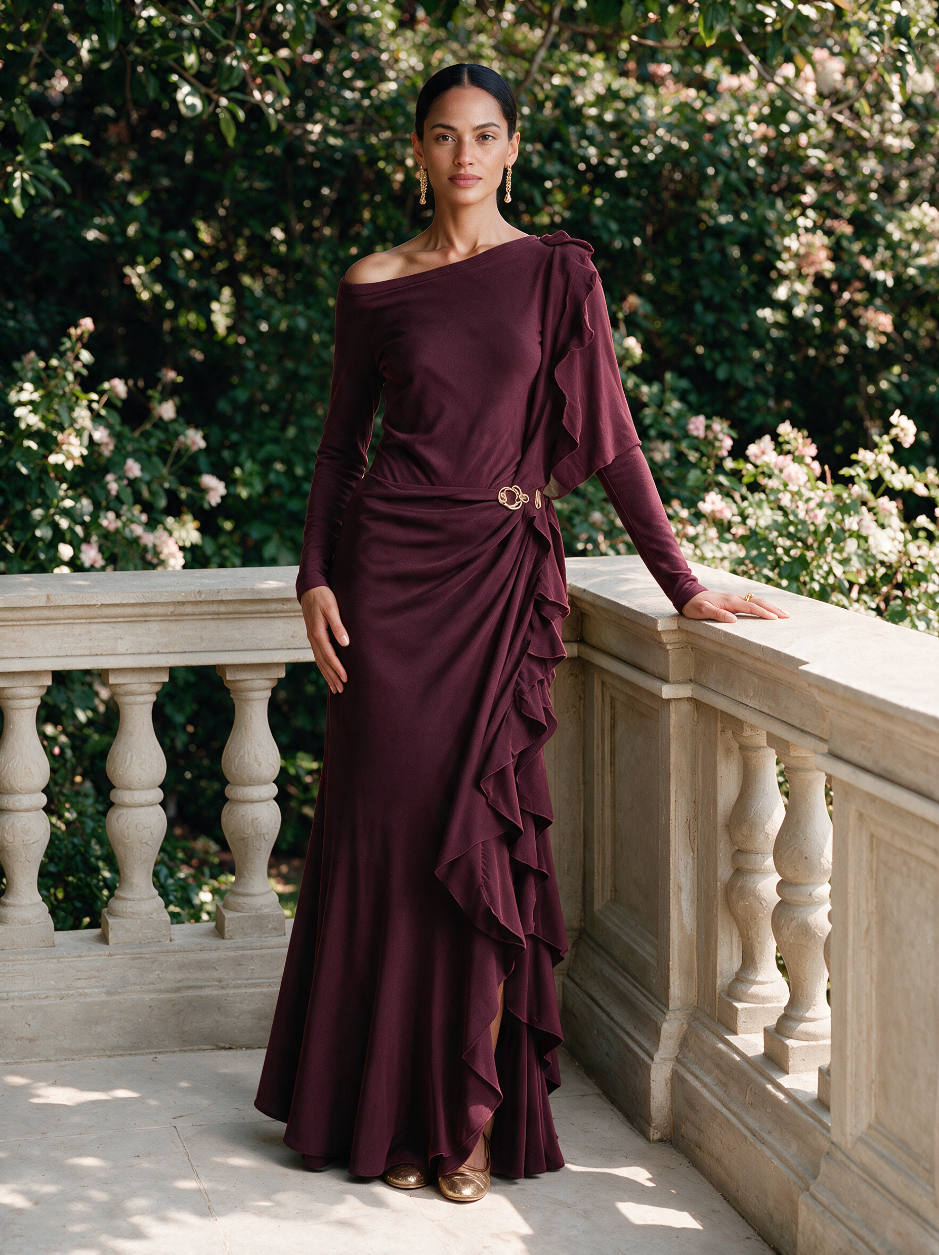 Women's Burgundy One‑Shoulder Ruffle Velvet Mermaid Evening Gown MDZ0390I1R