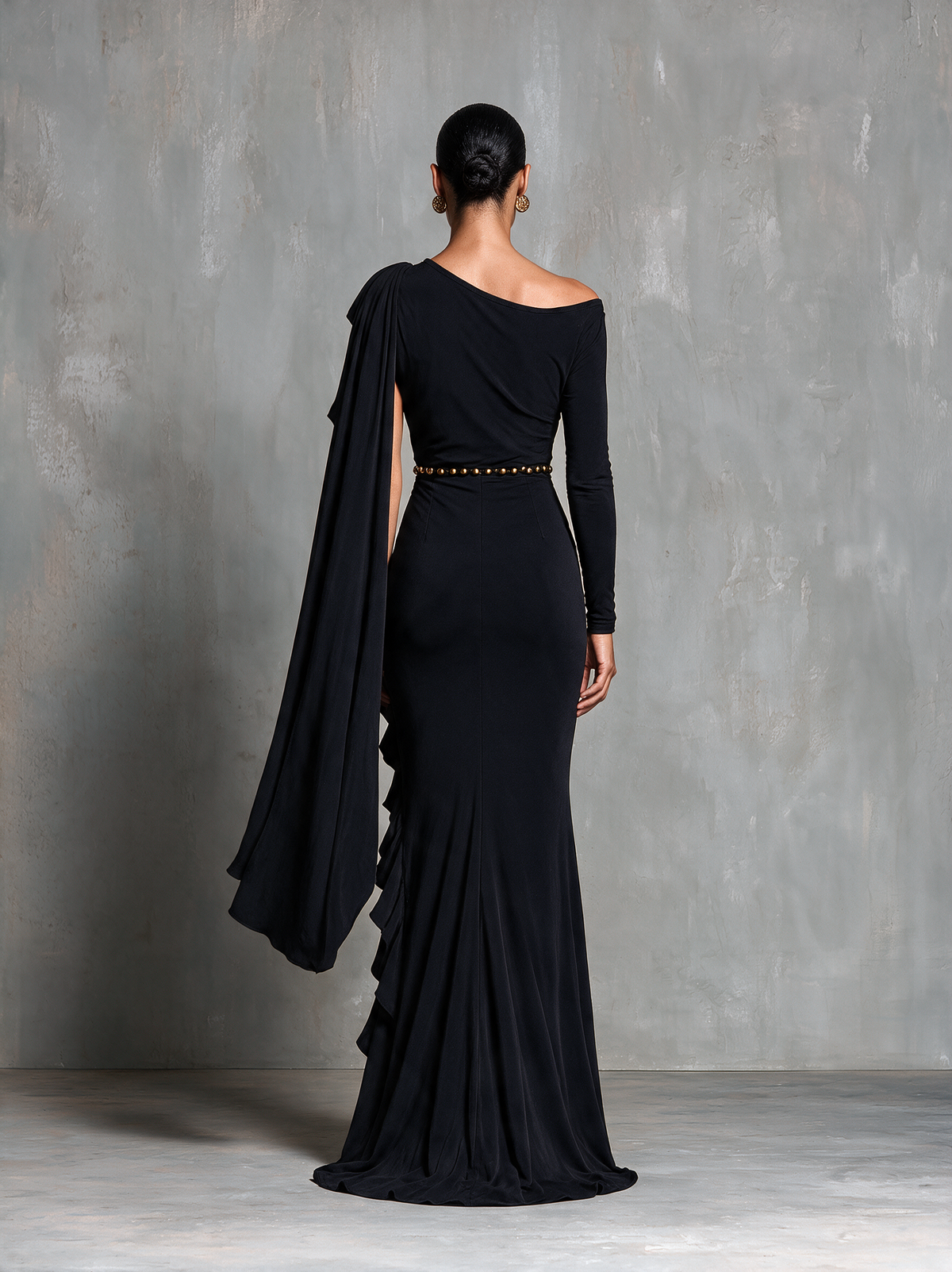Women's Black One‑Shoulder Sash Ruched Mermaid Evening Gown MDZ0350I1R