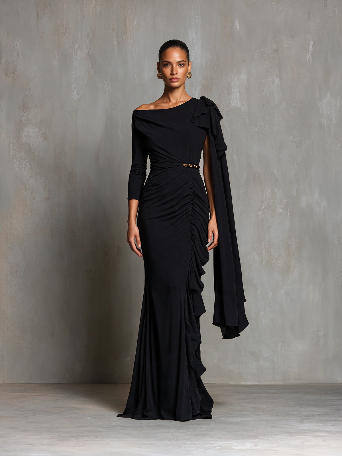 Women's Black One‑Shoulder Sash Ruched Mermaid Evening Gown MDZ0350I1R