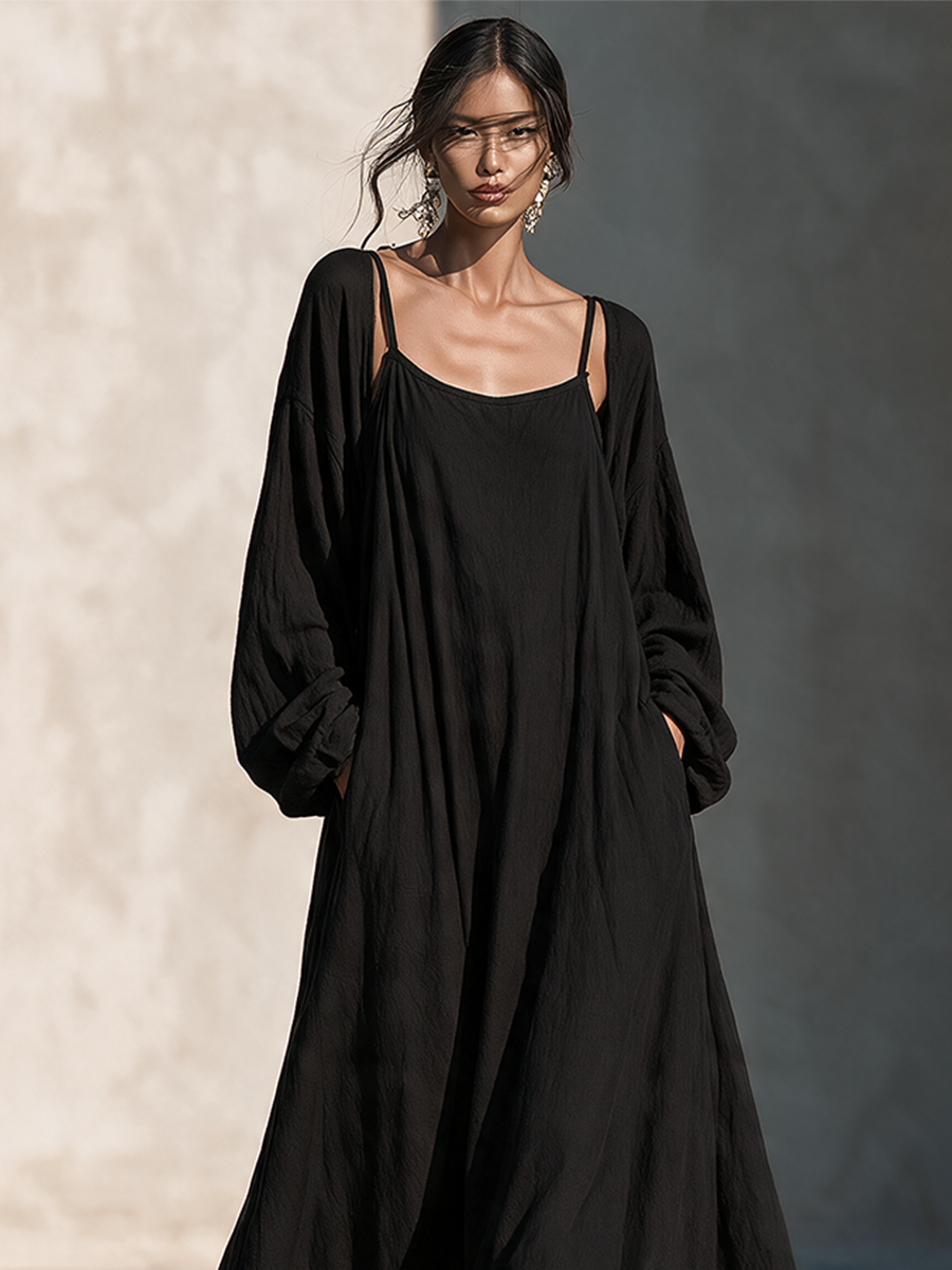Women's Flowy Fake Two‑Piece Linen‑Blend Maxi Dress For Vacation MDZ0365I7LYL