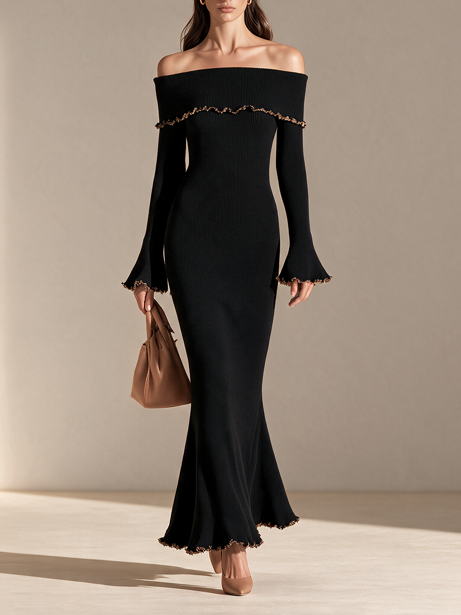 Women's Off-Shoulder Foldover Flare-Sleeve Frill-Trim Fishtail Knit Maxi Dress MDZ0303I9CMX - By Qivii