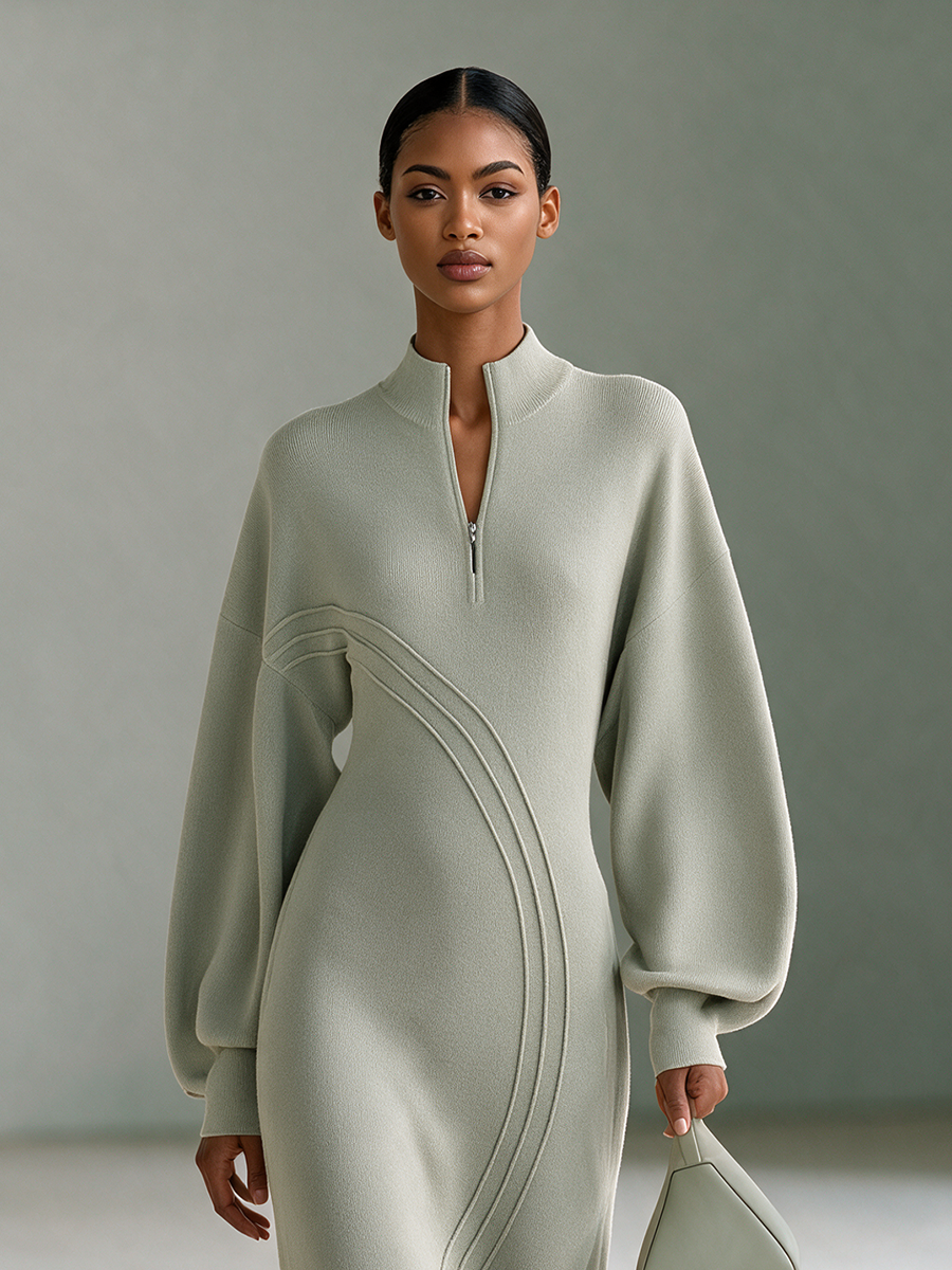 Women's Stand-Collar Half-Zip Drop-Shoulder Balloon-Sleeve Slit Knit Maxi Dress MDZ0311I3CMX