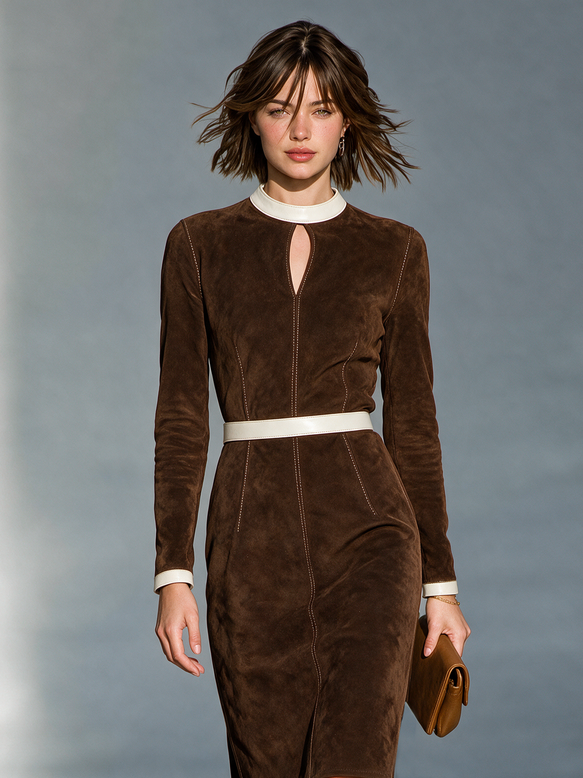 Women's Elegant White Leather And Suede Panelled Midi Dress With A Keyhole Neckline MDZ0389I8WY