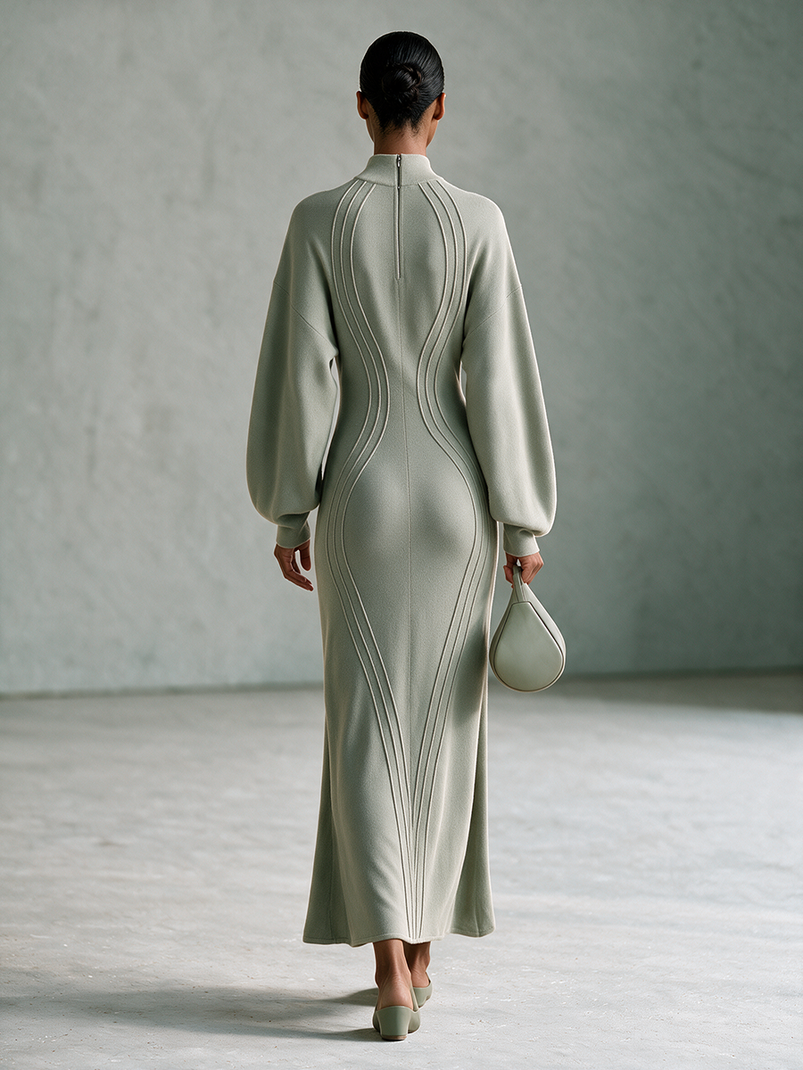 Women's Stand-Collar Half-Zip Drop-Shoulder Balloon-Sleeve Slit Knit Maxi Dress MDZ0311I3CMX