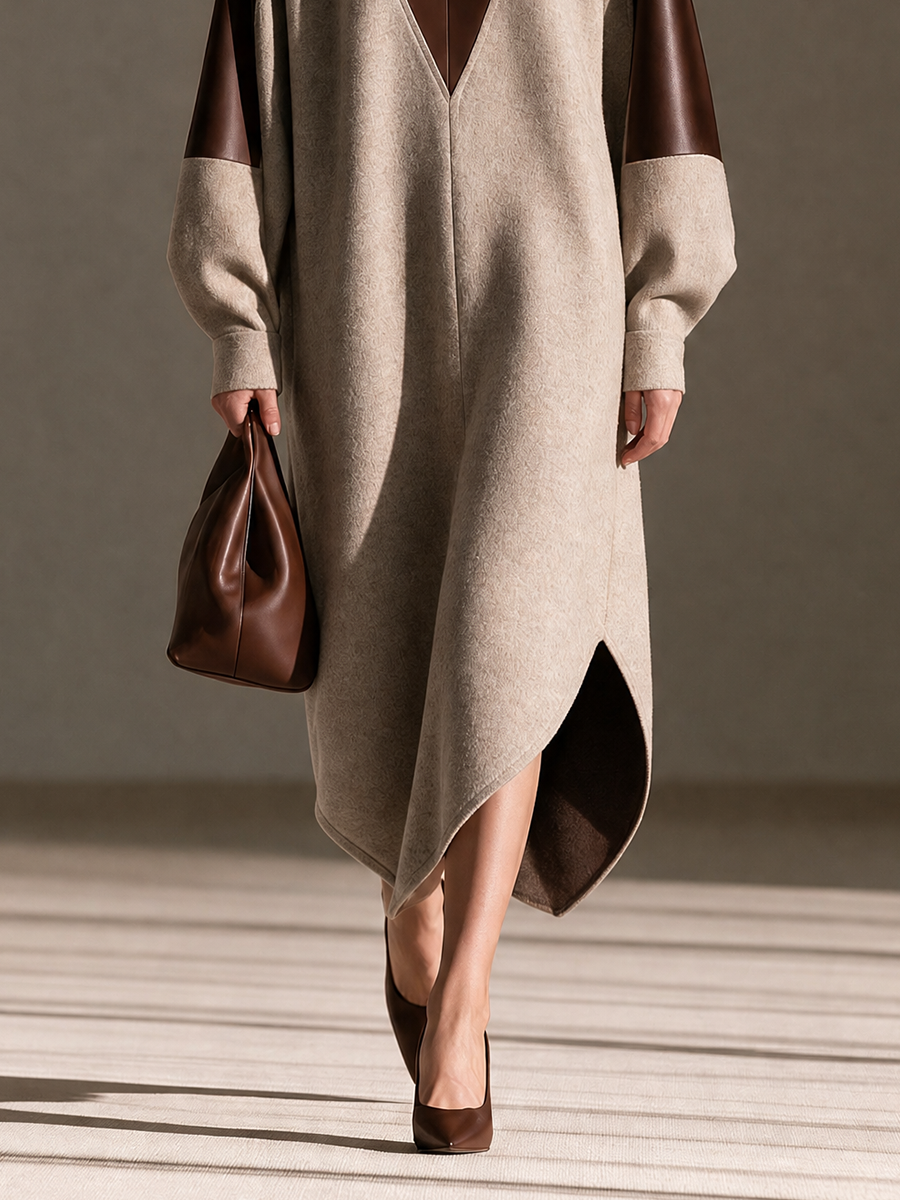 Women's Round-Neck Leather-Panel Drop-Shoulder Long-Sleeve Asymmetric-Hem Wool Maxi Dress MDZ3103H5CMX