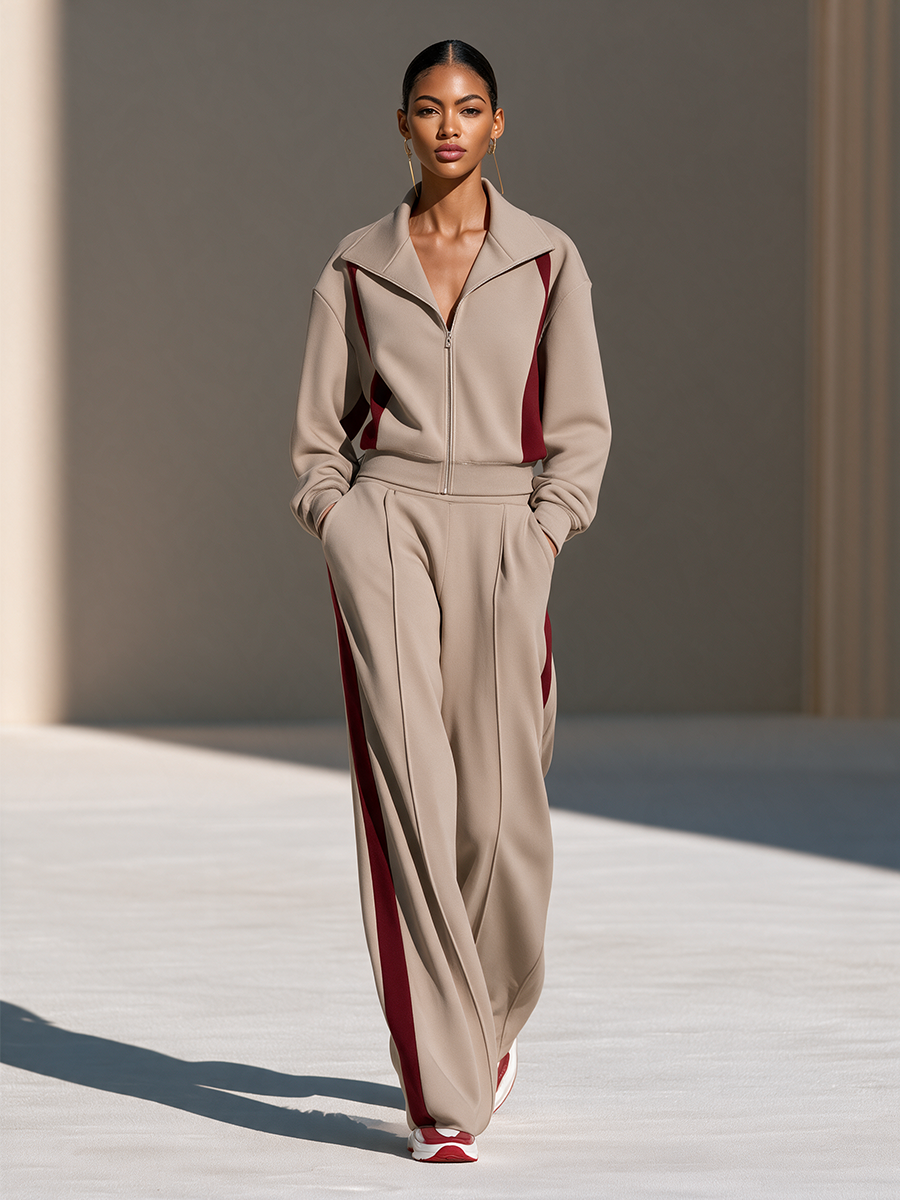 Women's Collared Zip Contrast-Stripe Drop-Shoulder Long-Sleeve Top And Wide-Leg Pants Sporty Set MDZ0182I7CMX