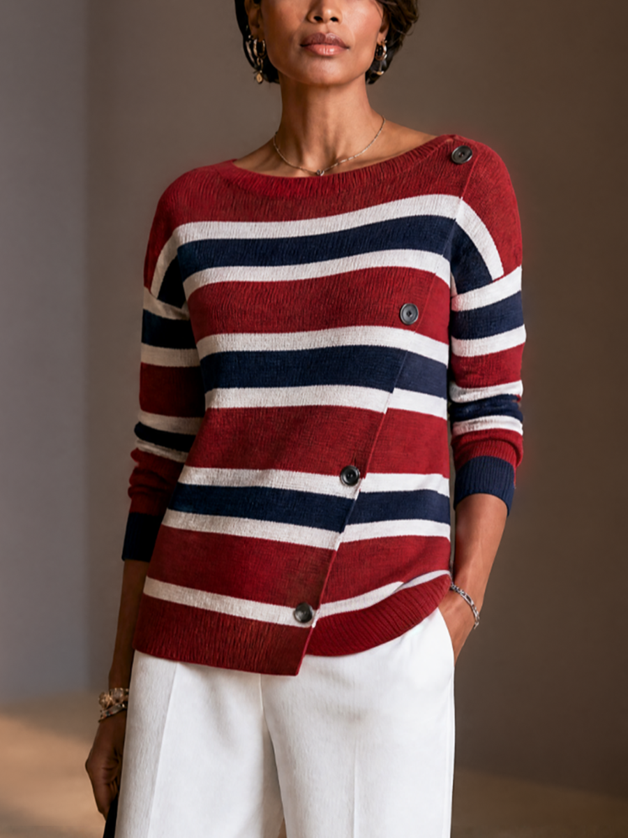 Women's Contrast Stripe Casual Knit Asymmetric Placket Sweater MDZ0399I0GMJ