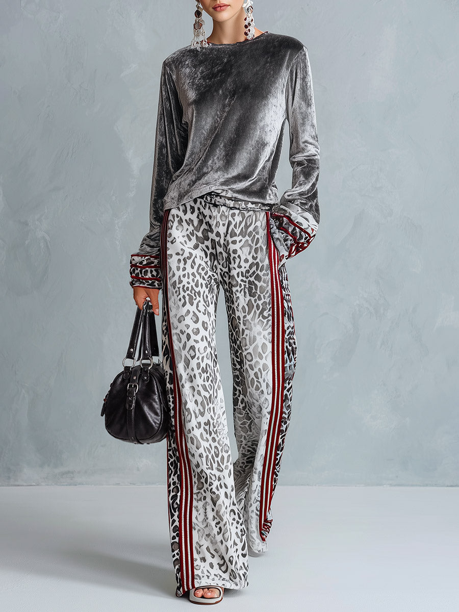 Oyrosy Clothing women's grey striped trim T-shirt and leopard-print wide-leg velvet trousers set, casual chic outfit.