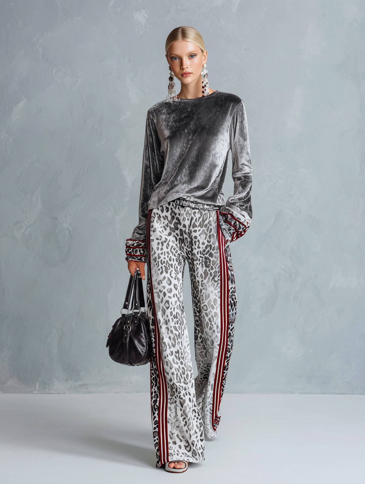Oyrosy Clothing women's grey striped trim T-shirt and leopard-print wide-leg trousers velvet set, casual chic style.