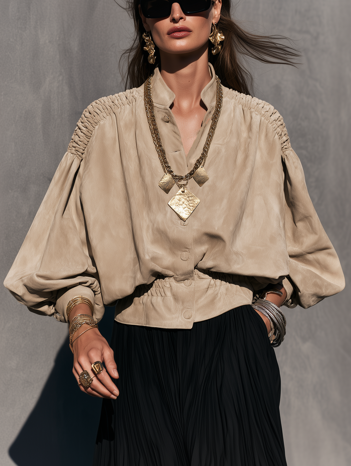Women's Elegant Apricot Suede Long-Sleeve Cropped Jacket