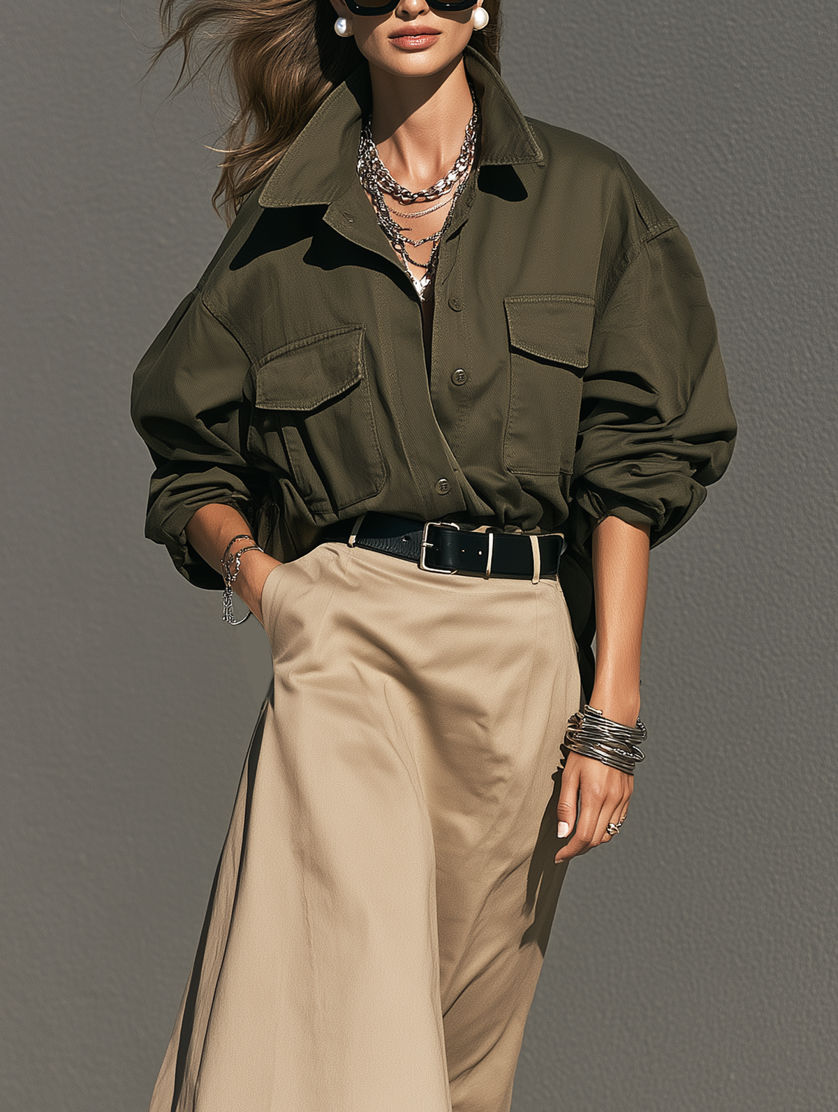 Women's Casual Dark Green Woven Shirt And Khaki Woven Skirt Two-Piece Set (Belt Not Included) MDZ0425I8LXY