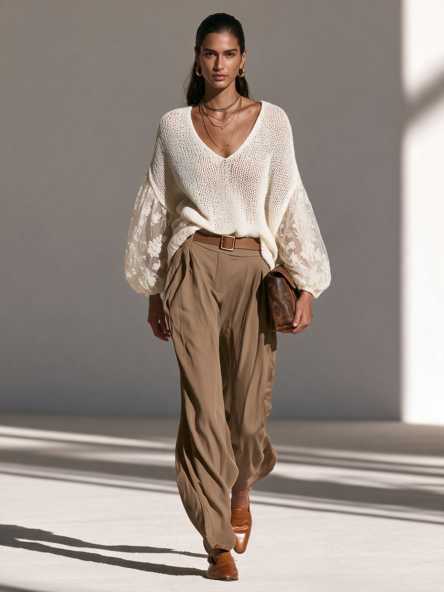 Women's V-Neck Open-Knit Lace-Panel Balloon-Sleeve Relaxed Wool-Knit Top MDZ0433I9CMX