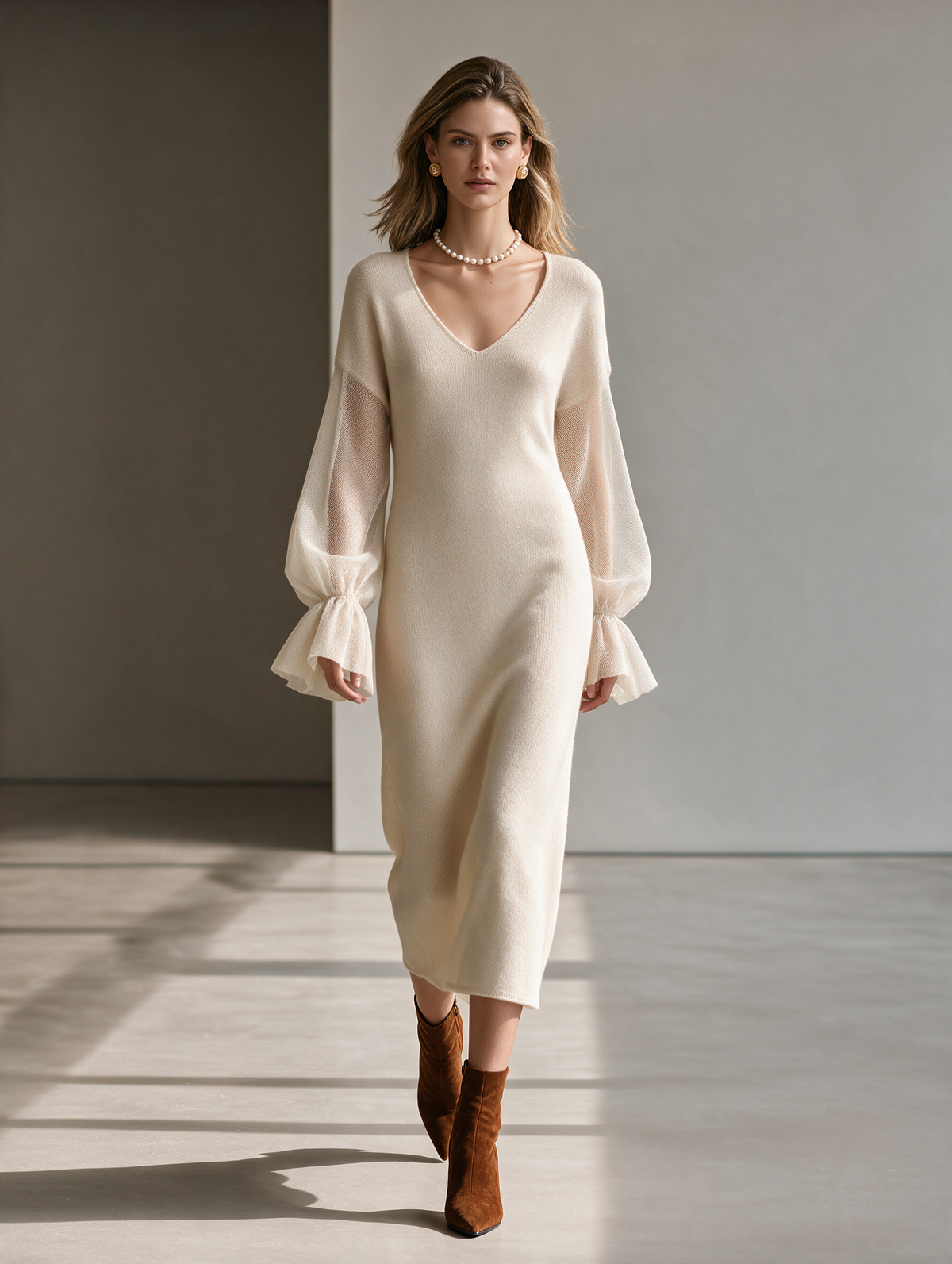 Women's V-Neck Mesh-Panel Balloon-Sleeve Straight Wool-Knit Midi Dress