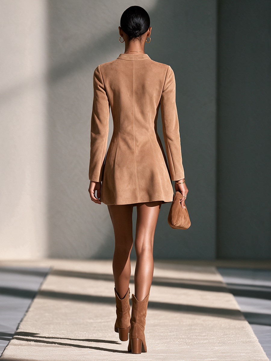 Women's Stand-Collar Deep-V Long-Sleeve Slim Faux-Suede Mini Dress MDZ0794I9CMX
