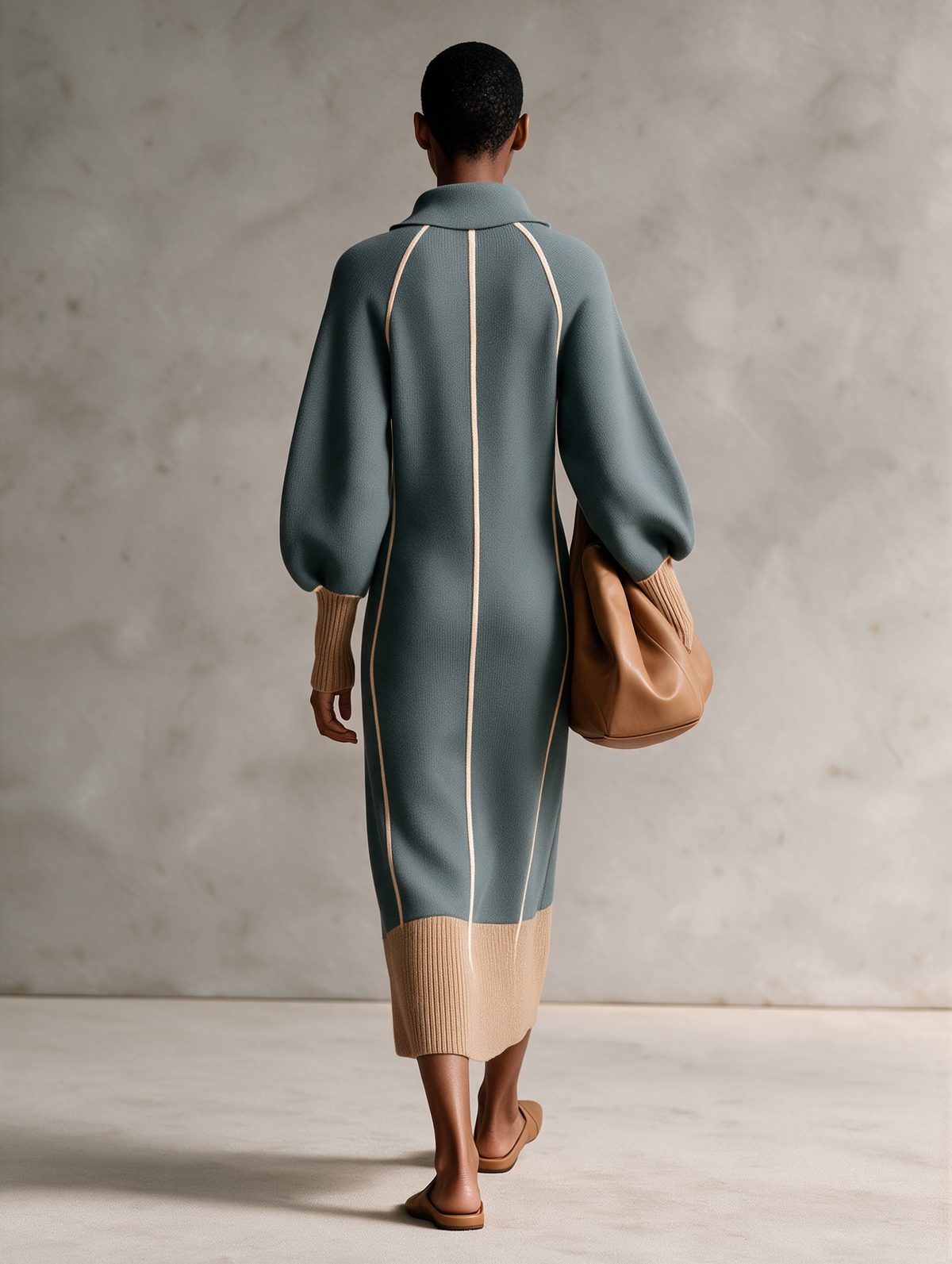 Women's Grey-Blue Collared Half-Zip Contrast-Piping Blouson-Sleeve Wool-Knit Maxi Dress