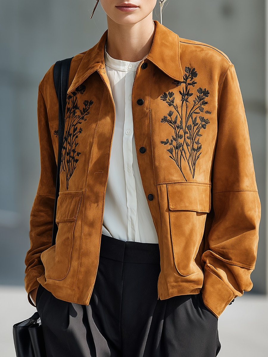 Women's Floral Embroidered Button Front Brown Jacket MDZ0758I8YZJ