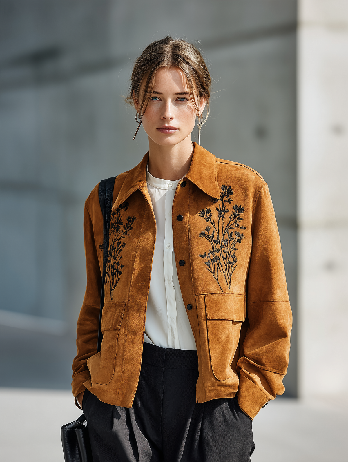 Women's Floral Embroidered Button Front Brown Jacket MDZ0758I8YZJ
