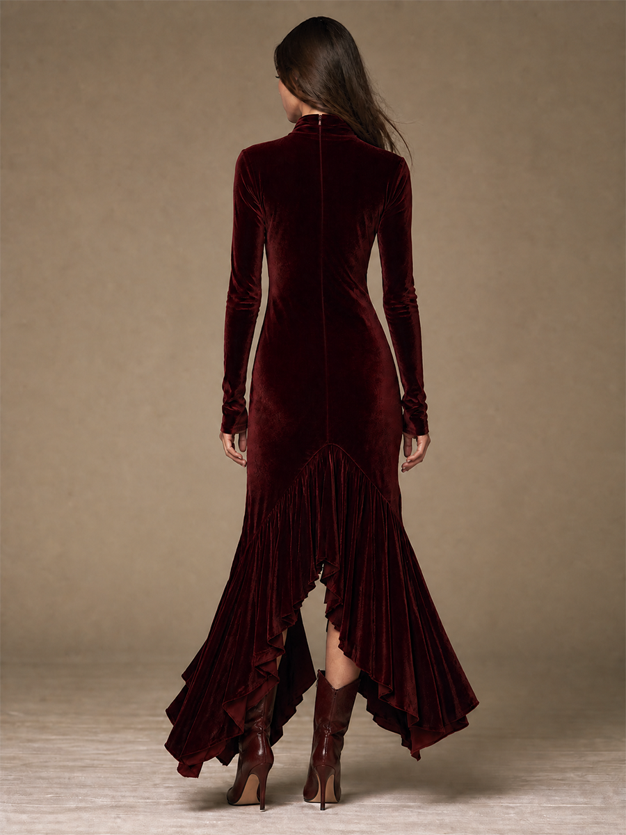 Women Form‑Fitting Velvet Ruffle Hem Maxi Dress For Formal Occasion MDZ0798I3LYL