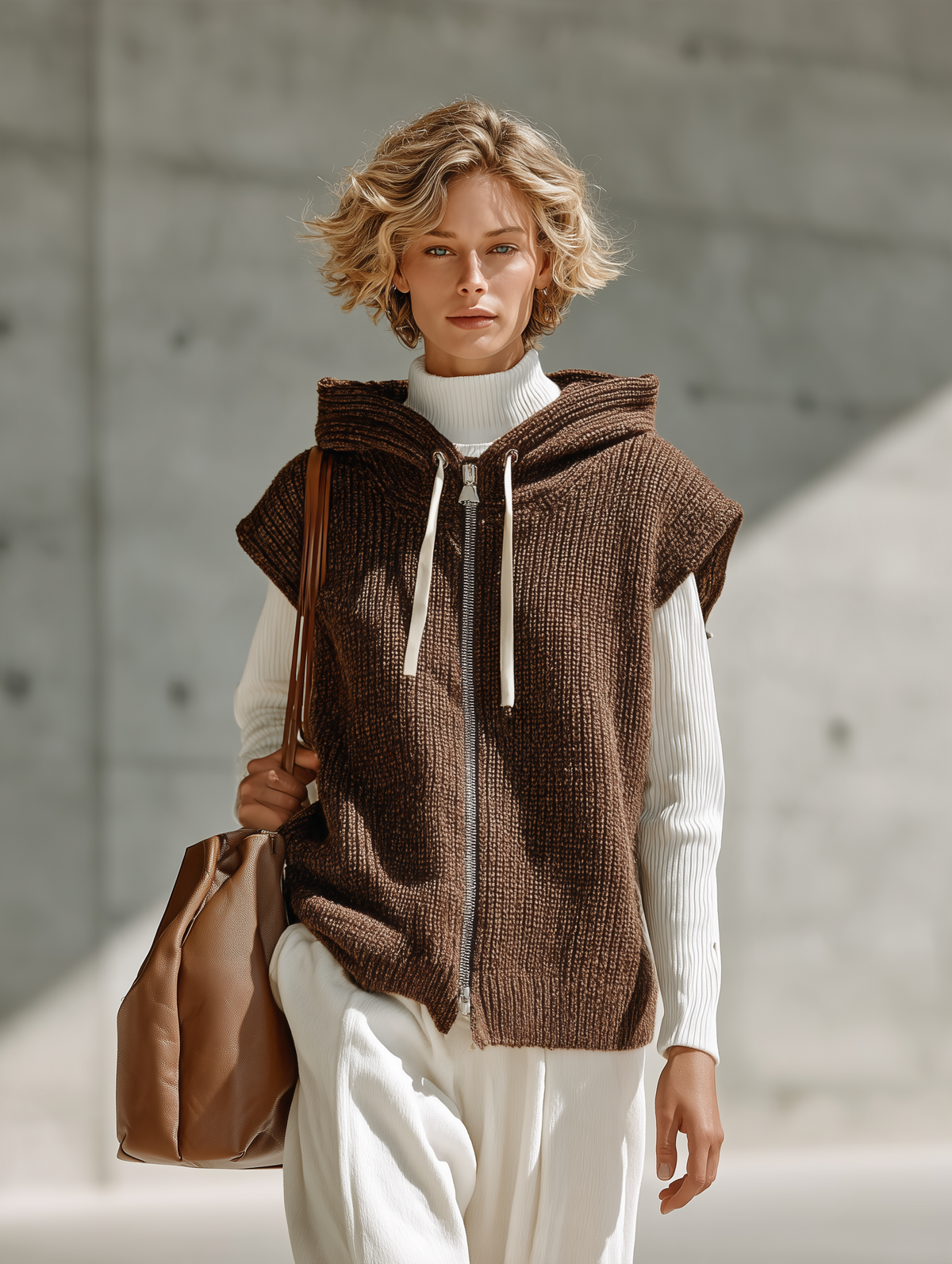Women's Drawstring Hooded Knit Brown Vest MDZ0782I4YZJ