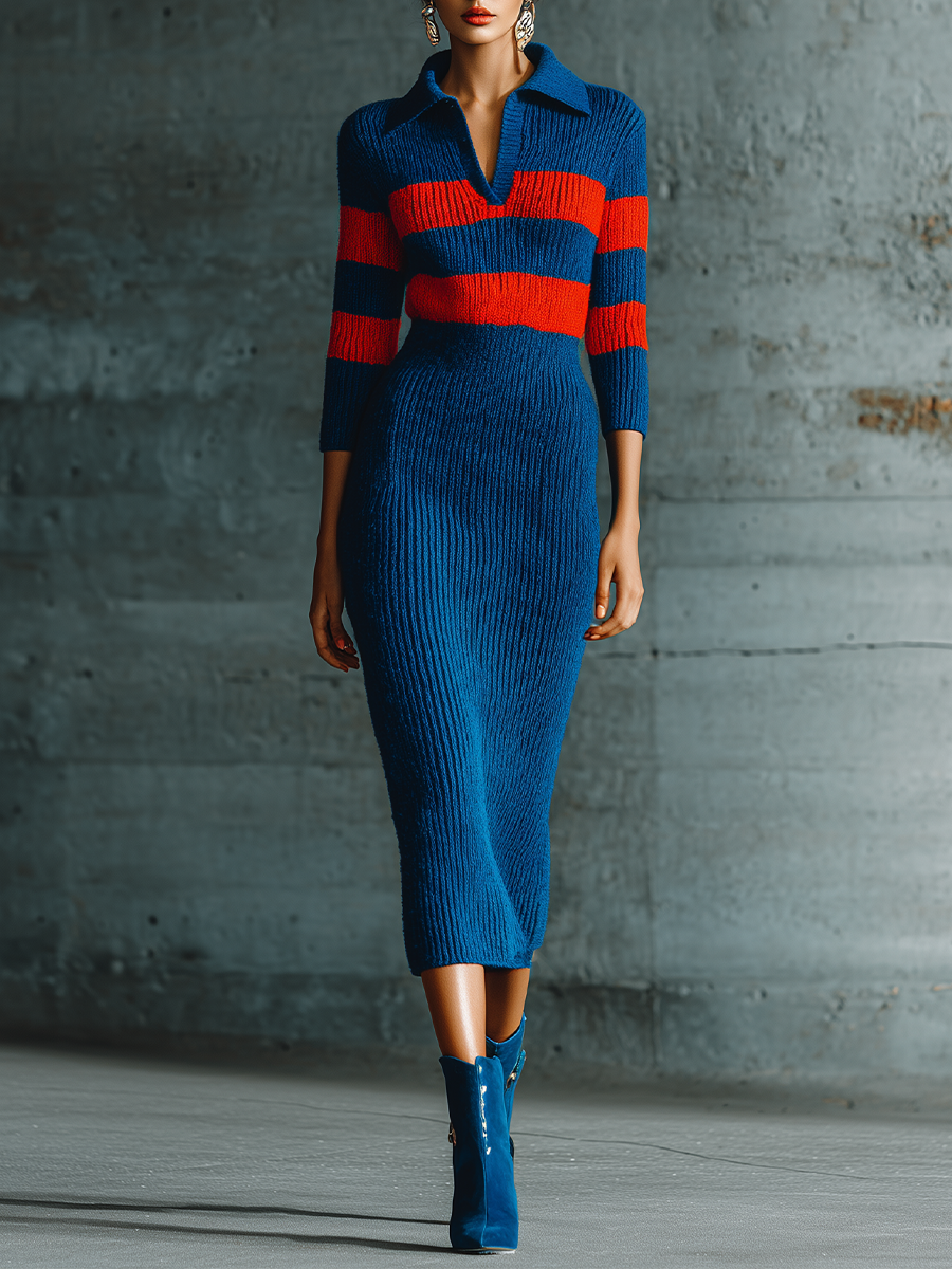 Women's Striped Collared Blue Midi Sweater Dress MDZ0710I5YZJ