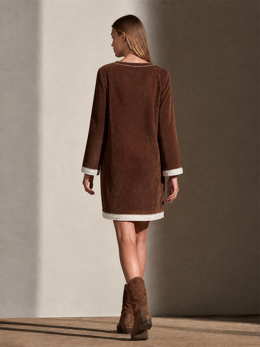 Women's Contrast‑Stitch Faux Suede Square Neck Mini Dress MDZ0705I4LYL