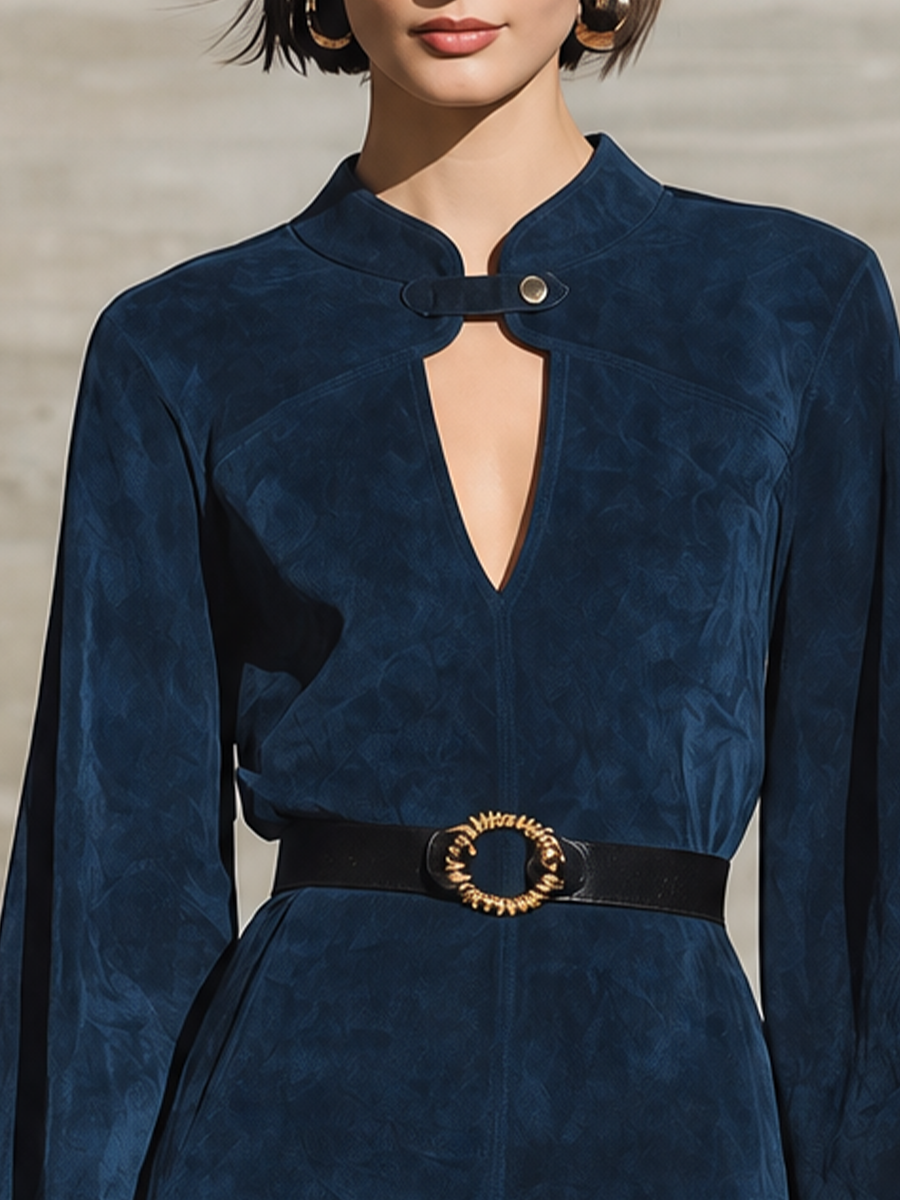 Women's Mandarin Collar Keyhole Belted Navy Dress (Without Belt) MDZ0705I1YZJ